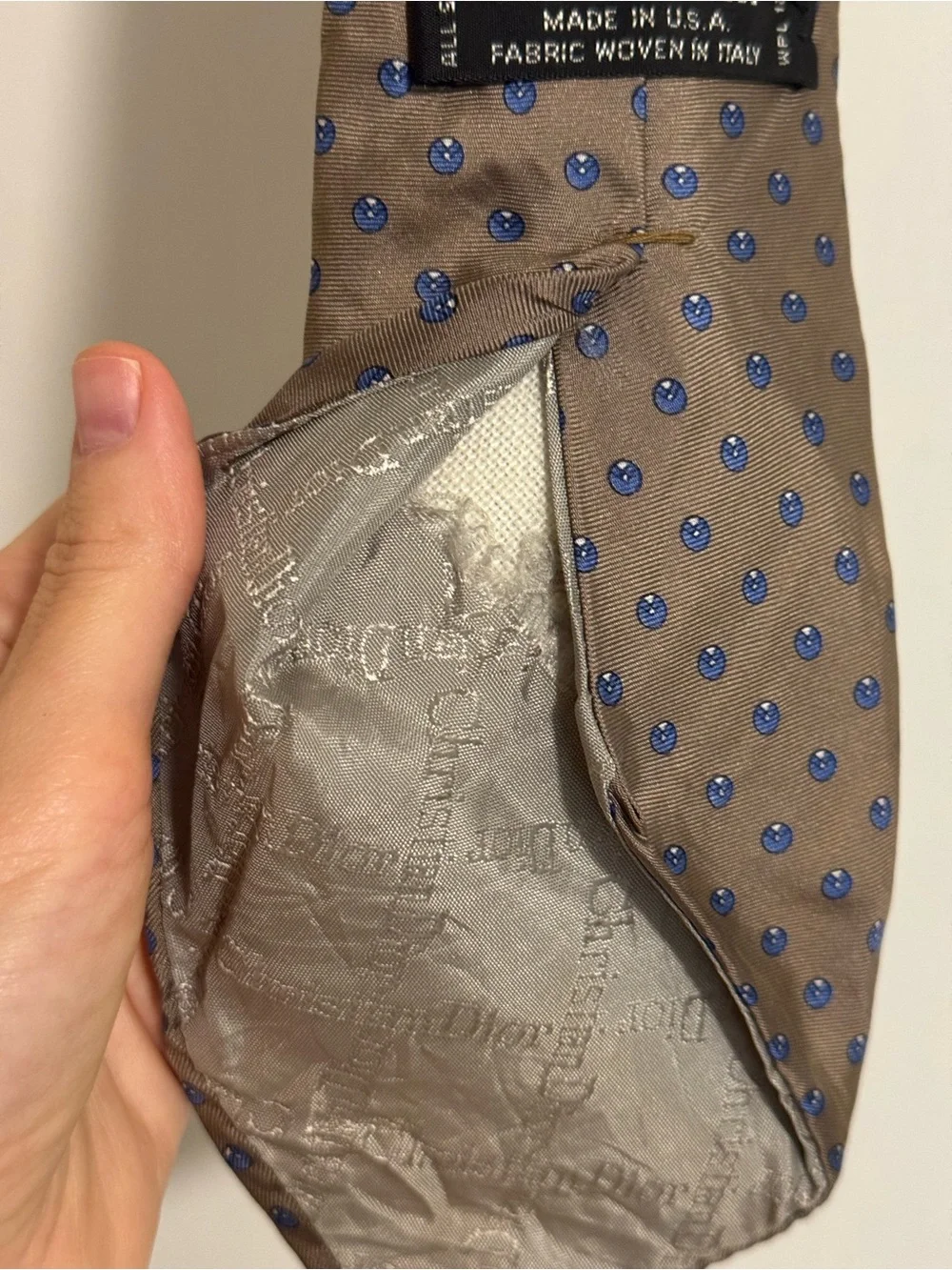Dior Beige Tie with Blue Dot Pattern